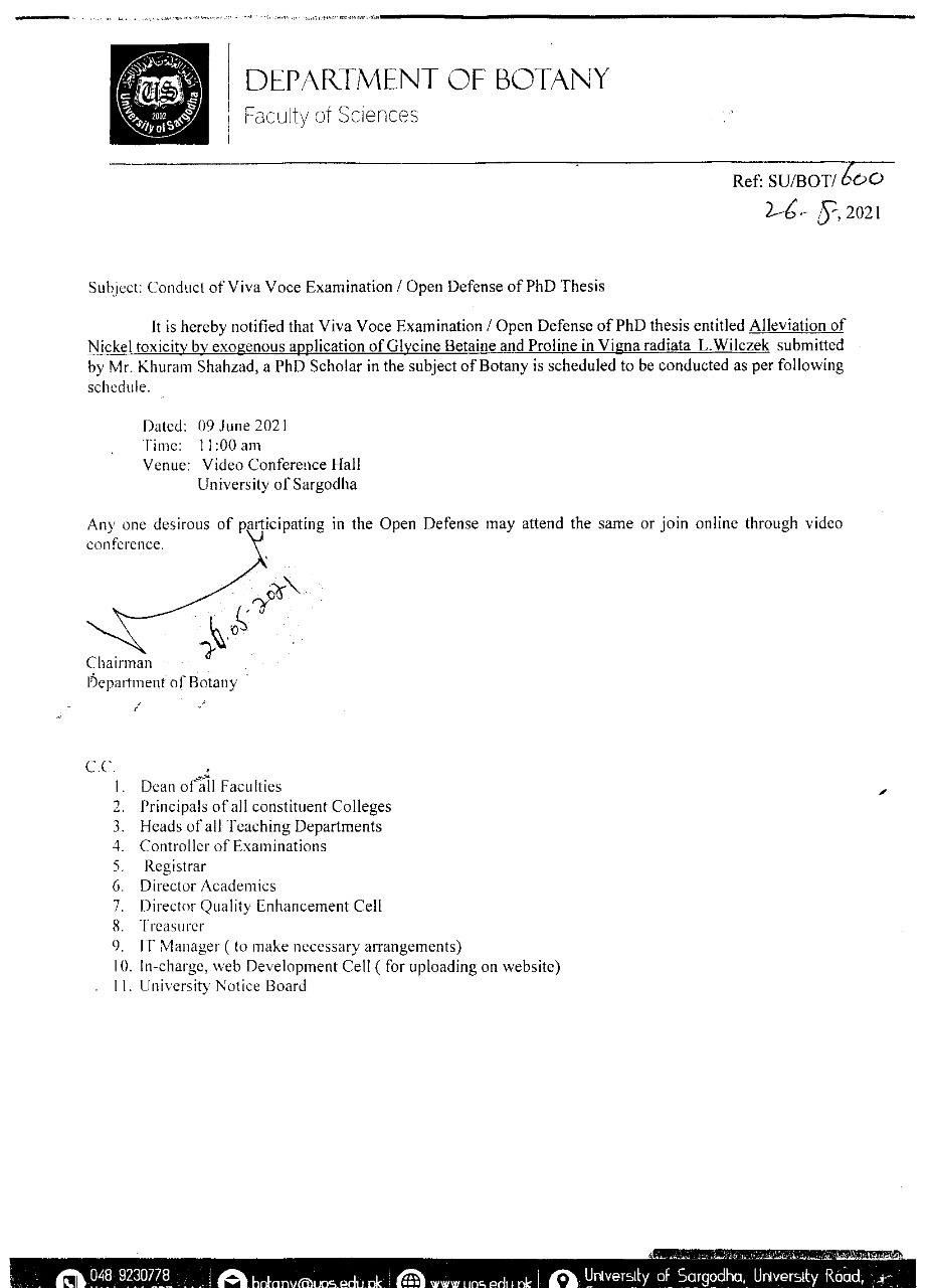 Conduct of Viva Voce Examination / Open Defense of Ph.D Thesis (Botany)